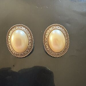 Vintage gold tone oval post earrings with faux pearl centers